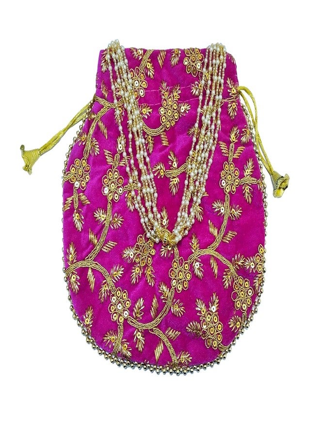 ATHZ Potli Bag Velvet Golden work wedding potli for ladies Gift for women handbags traditional Indian Wristlet with Drawstring Ethnic Embroidery Women Fashion Potli (Gold,Pink) - Image 2